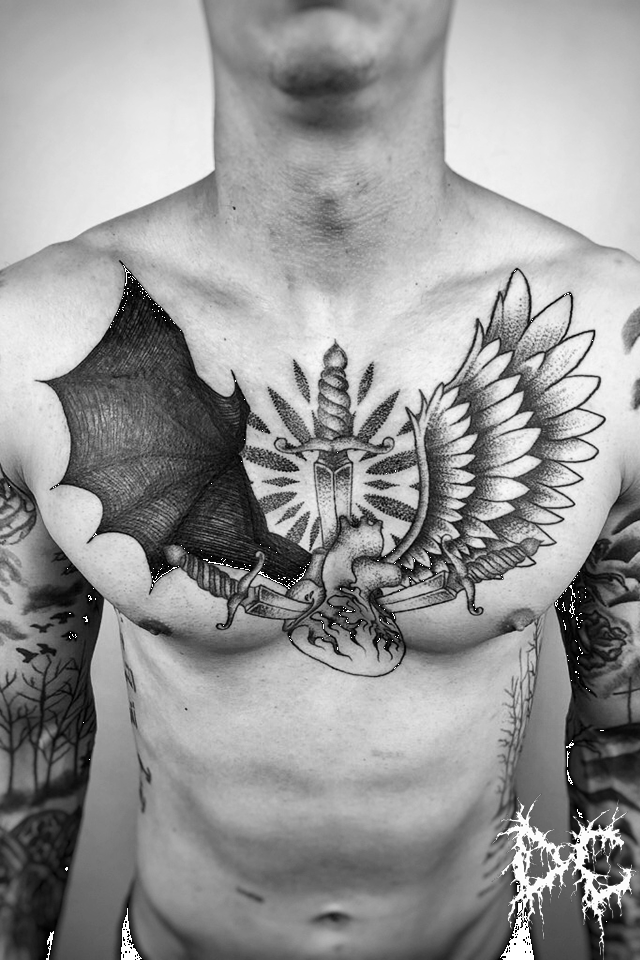 Dobry Chłopiec Tattoo - tatuaż projekt diabeł anioł skrzydła serce miecz wzory tatuaży dotwork