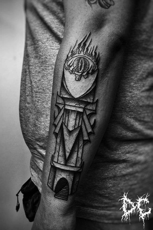 Dobry Chłopiec Tattoo - tatuaż projekt wieża Sauron oko Władca Pierścieni LOTR Lord of the Rings dotwork