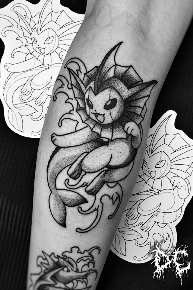 Dobry Chłopiec Tattoo Lublin - projekt tatuaż Pokemon Vaporeon dotwork wzory tatuaży